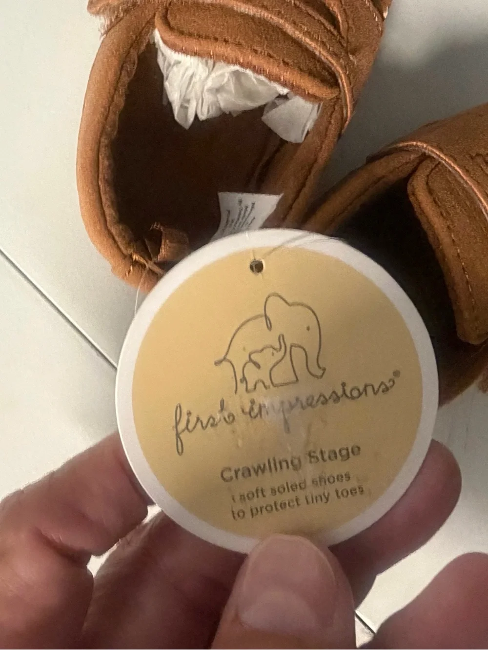 First impressions, baby suede tan loafers flew with tags